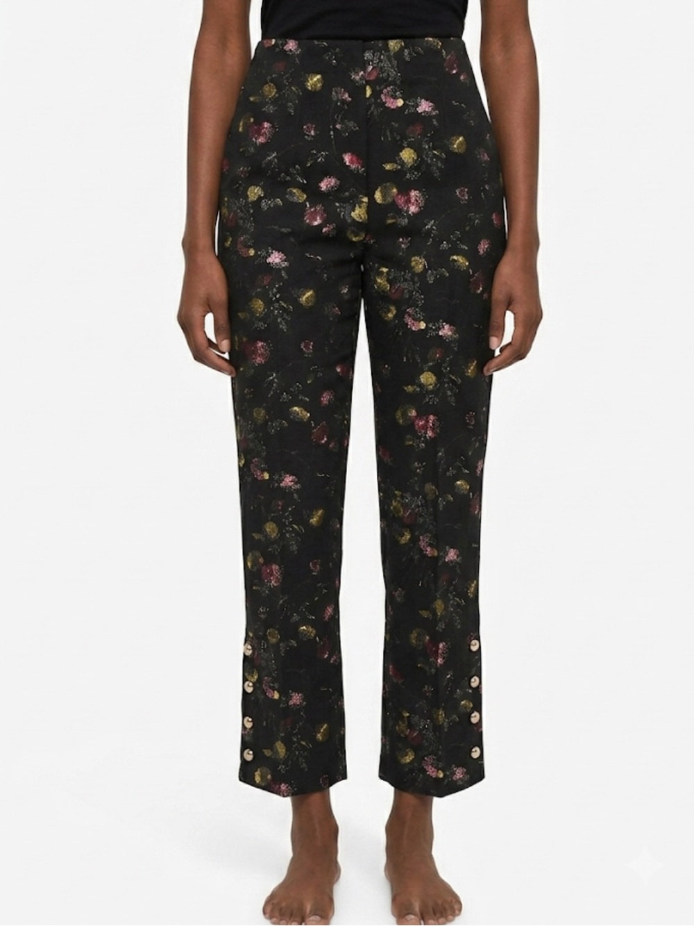CLUB MONACO Black Metallic Floral Jacquard Straight Leg Trousers High Rise 6 - Picture 1 of 10